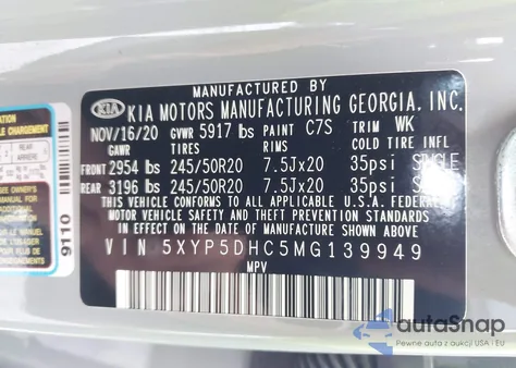 2021 Kia Telluride Sx из США, поврежденный, VIN 5XYP5DHC5MG139949